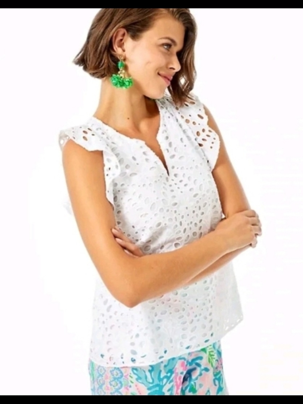 Lilly Pulitzer Women's Resort White Faun Top Eyelet Ruffle Cap Sleeves XS
